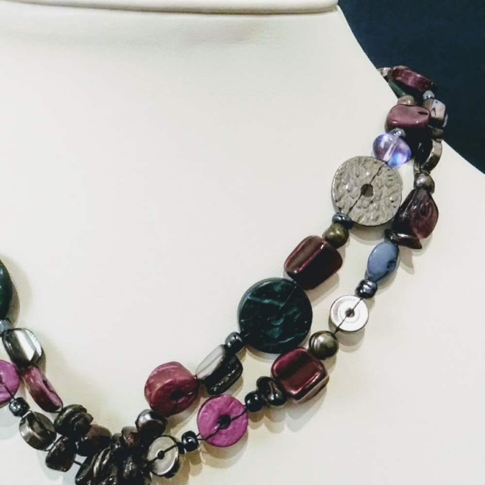 Vintage Boho Purple Blue Silver Tone Double Strand Pendant Necklace - Picture 3 of 7